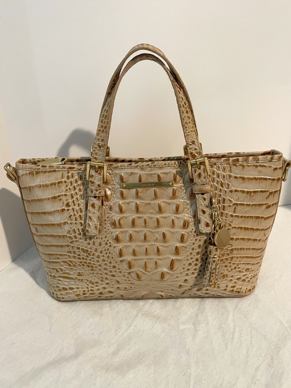 Brahmin Beige Embossed Animal Print Satchel Gold Hardware Zip Bag Charm